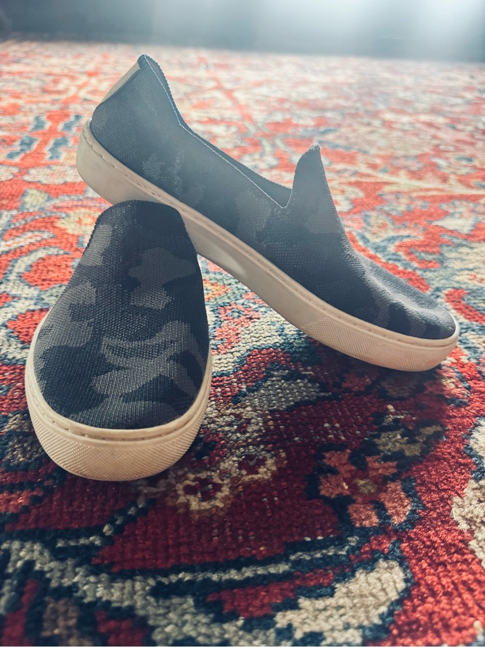 ROTHY’S Slip-On Camo Knit Sneakers in Charcoal and White